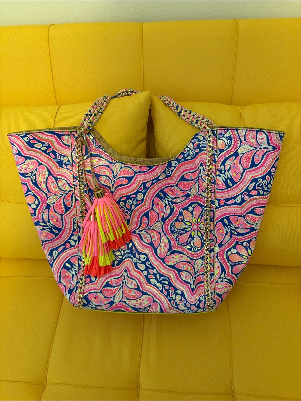 Lilly Pulitzer Can’t Resist Pink and Blue Paisley Tote Bag with Neon Tassel NWOT
